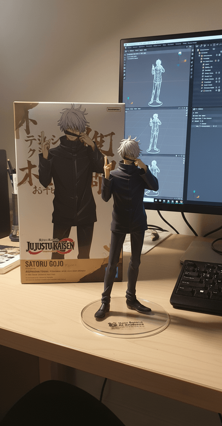 Jujutsu Kaisen anime character figures with 3D modeling process shown on computer screen