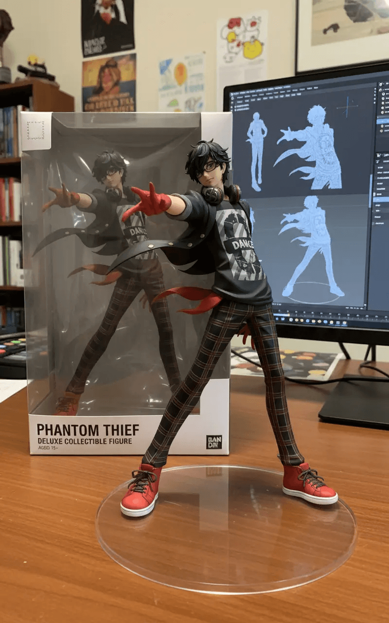 Phantom Thief anime character figure in dynamic pose with packaging box and 3D model display