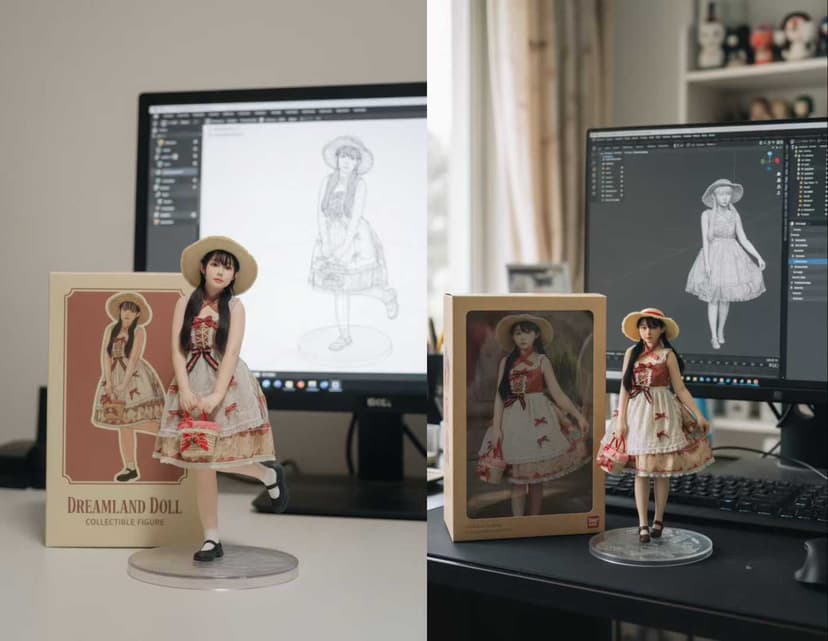 Collection of cute anime girl figures in various outfits with product boxes and digital design process
