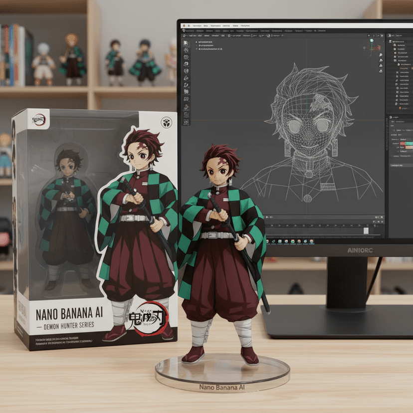 Demon Slayer Tanjiro and Nezuko figures with Nano Banana AI branding and 3D wireframe model