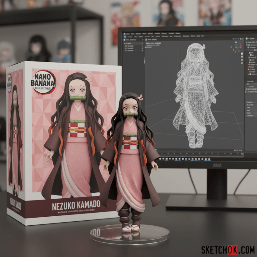Nezuko Kamado figure from Demon Slayer with pink kimono, product packaging and 3D modeling software