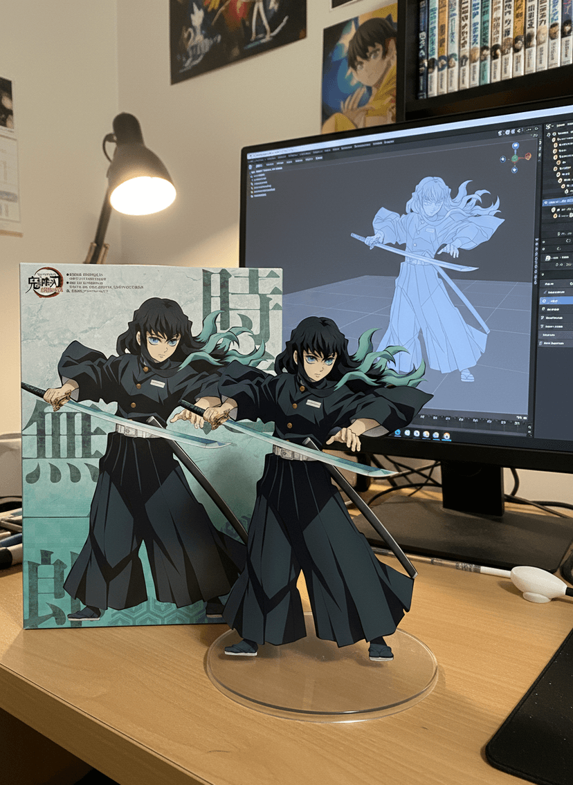 Traditional Japanese warrior anime figures in dark robes with swords and 3D design workflow