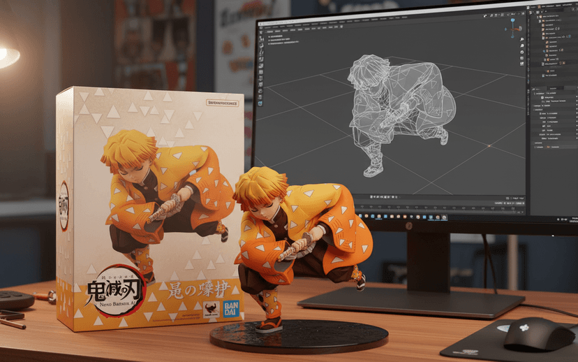 Demon Slayer Zenitsu figure in orange and yellow outfit with lightning effects and 3D model preview