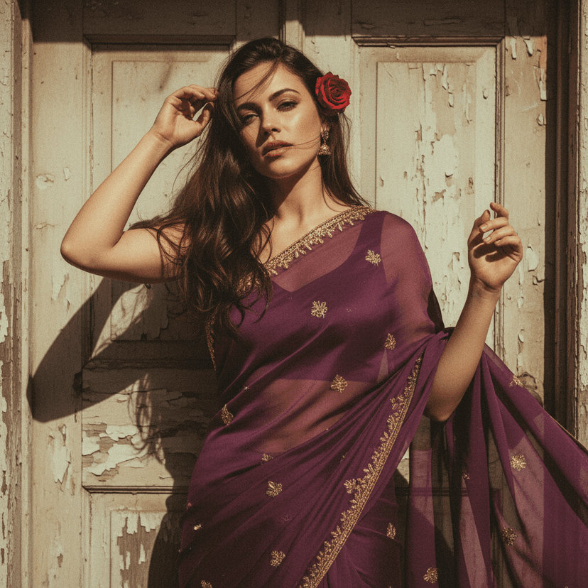 Elegant silk saree transformation with vintage grainy aesthetic and warm lighting