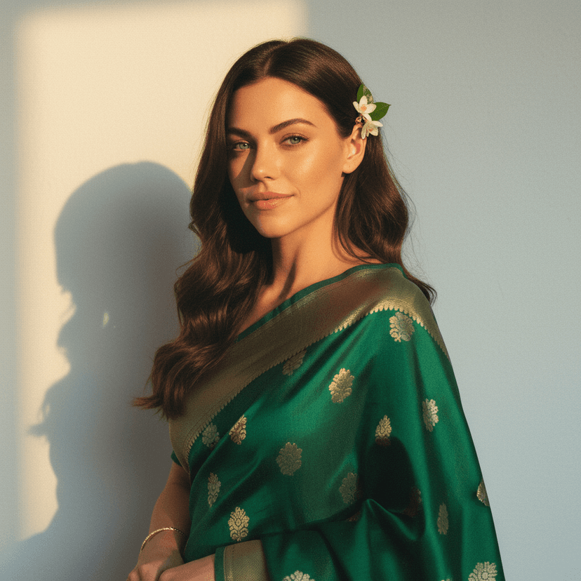 Traditional Indian saree with modern AI enhancement in retro film style